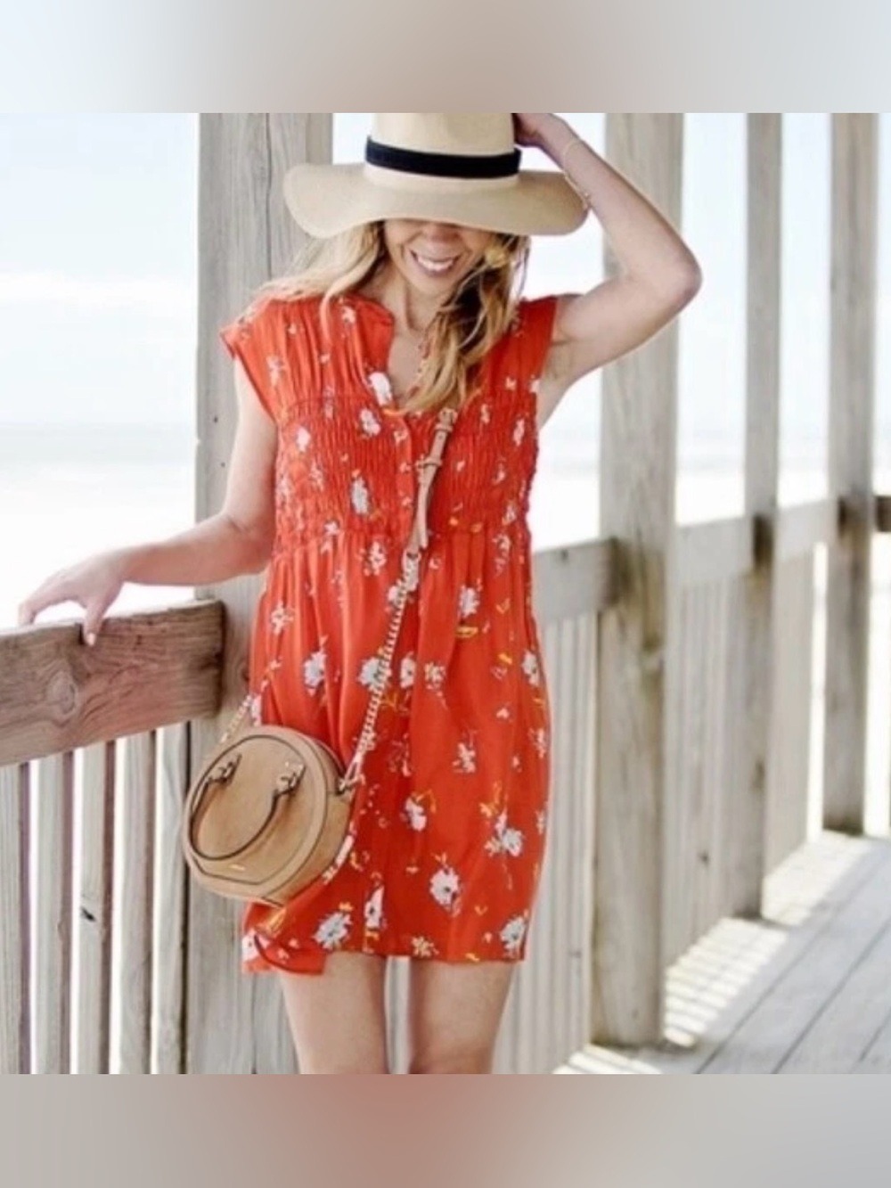 Free People Floral Smocked Button Down Tunic Mini Dress Red Orange Size Large